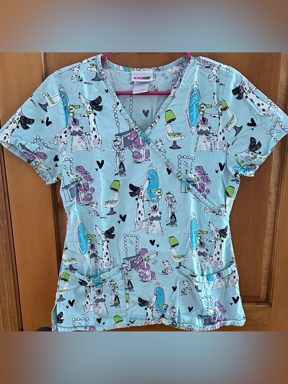 Scrubstar Pawsitively Fabulous Dog Beauty Salon Mock Wrap Scrub Top Small S Mint